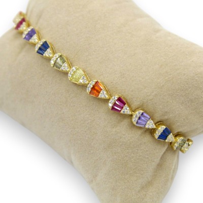 Armband aus 925er Sterlingsilber, Länge ca. 18 cm. Mit weißen Zirkonia und mehrfarbigen Kristallen im Baguetteschliff, Unisex.