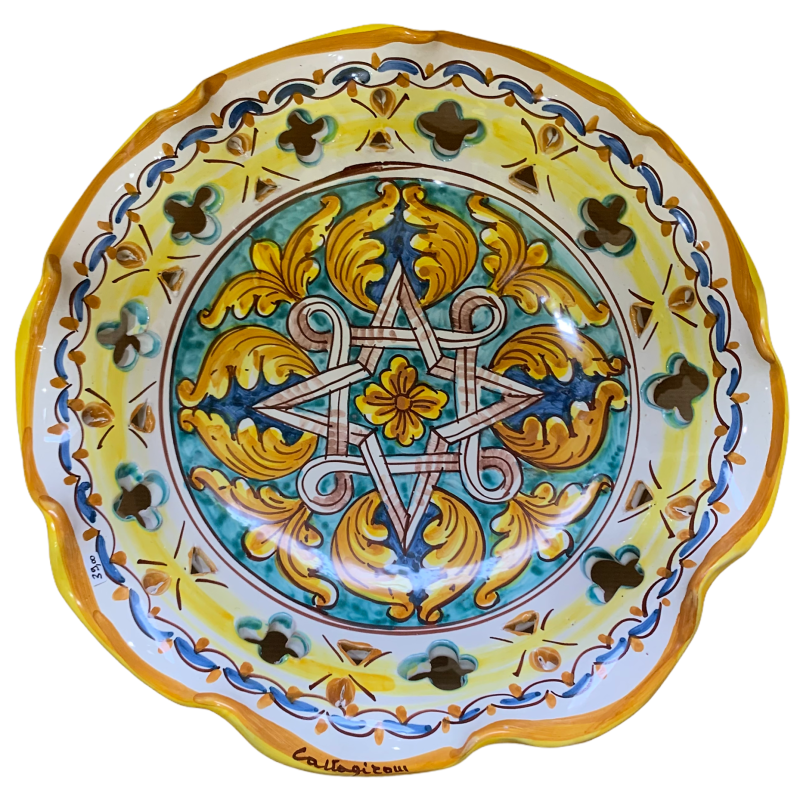 Scalloped perforated centerpiece in Caltagirone ceramic with baroque and geometric decoration diameter about 32 cm - 
