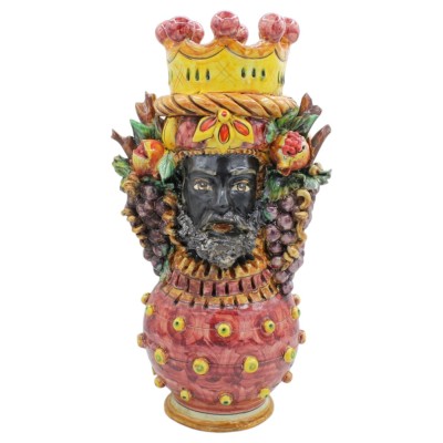 Doppelgesichtiger Janus auf einer Kugel, Kopf mit zwei Gesichtern, ca. 34 cm hoch, Caltagirone-Keramik, Gemischte Früchte, Borde