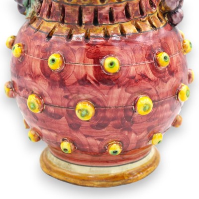 Giano Bifronte su sfera, testa con due volti, h 34 cm ca. ceramica Caltagirone, Frutta mista, Bordeaux MD1