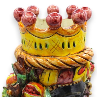 Tweezijdige Janus op een bol, hoofd met twee gezichten, ca. 34 cm hoog, keramiek uit Caltagirone, Gemengd Fruit, Bordeaux MD1