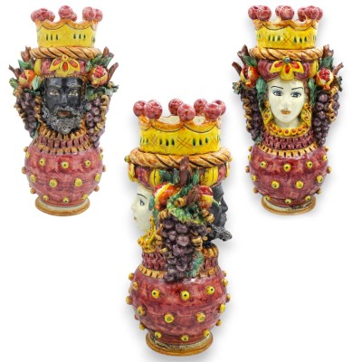 Two-faced Janus on a sphere, head with two faces, approx. 34 cm high, Caltagirone ceramic, Mixed Fruit, Bordeaux MD1