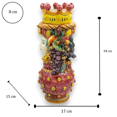 Tweezijdige Janus op een bol, hoofd met twee gezichten, ca. 34 cm hoog, keramiek uit Caltagirone, Gemengd Fruit, Bordeaux MD1