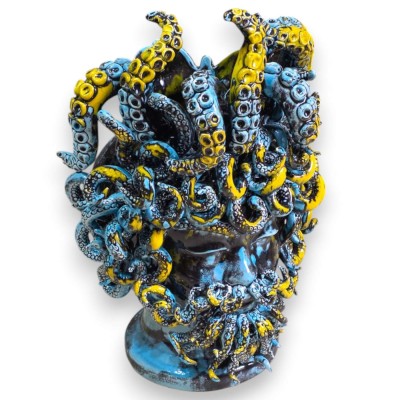 Moor's Head Octopus in fine Sicilian ceramic, approx. 45 x 28 cm. Third Fire Aquamarine and Yellow, Modern Style.