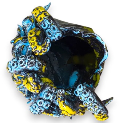 Testa di Moro Polpo in pregiata ceramica Siciliana, h 45 x 28 cm ca. Terzo Fuoco Acquamarina e Giallo, Stile Moderno