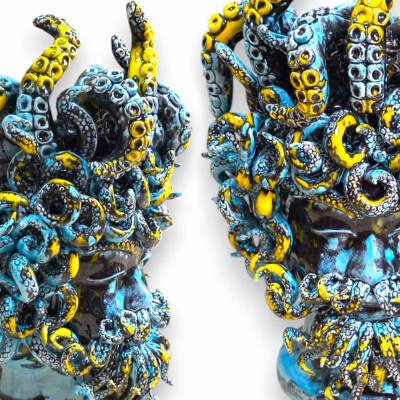 Moor's Head Octopus in fine Sicilian ceramic, approx. 45 x 28 cm. Third Fire Aquamarine and Yellow, Modern Style.