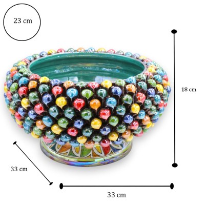 Skål i tallkotte-stil, Caltagirone keramik, Ø 33 x h 18 cm ca. Flerfärgad, emalj av pärlemor