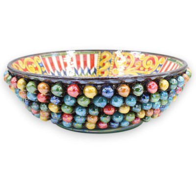 Centrotavola Pigna, ceramica Caltagirone Ø 35 cm ca. Smalto Madreperla, decoro pavone e carretto siciliano