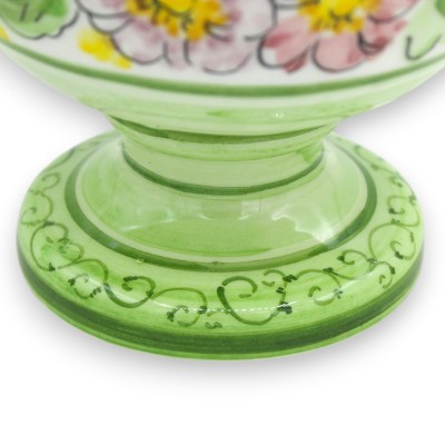 Ovo com haste, em cerâmica fina, aproximadamente 33 cm de altura x 17 cm de diâmetro, com aplicações, decoração floral e borbole