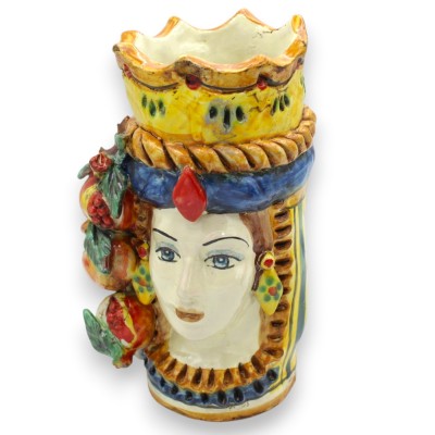 Têtes mauresques siciliennes (paire), environ 18 cm de haut, céramique de Caltagirone, couronne et grenades, fond bleu