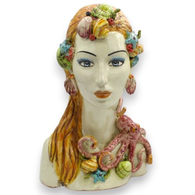 Busto de mulher de pescoço comprido, cerâmica de Caltagirone, aprox. 33 x 17 cm. Sereia com apliques marinhos.