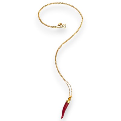 Collana in Argento 925 placcata oro con pendente corno in corallo, L 45 + 2,5 cm ca.