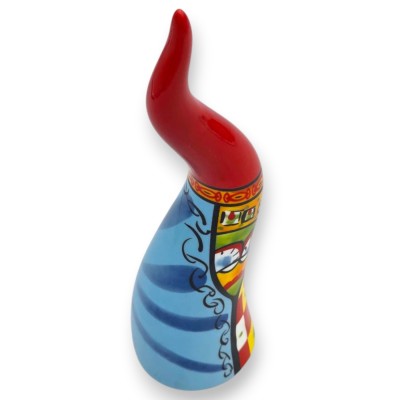 Ceramic lucky horn, approx. 17 x 4 cm (1 unit), red background, Sicilian cart decoration print
