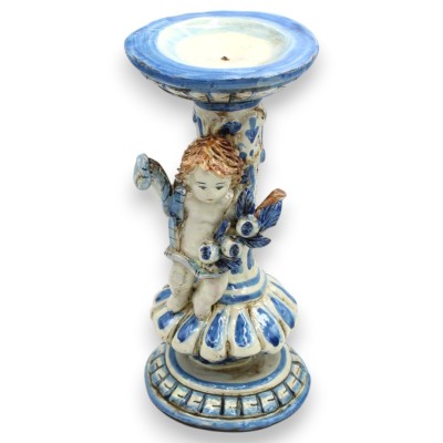 Porta candela con putto, ceramica Caltagirone, h 23 x 11 cm ca. blu Antico, con fascio di melograni