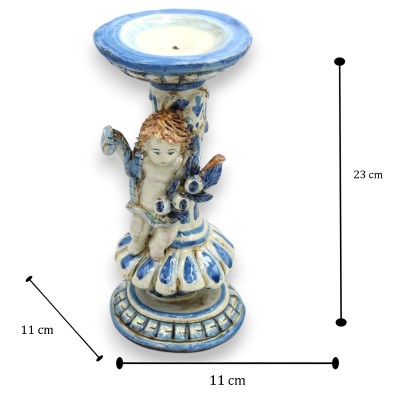 Kerzenhalter mit Putto, Caltagirone-Keramik, ca. 23 x 11 cm hoch, antikblau, mit einem Strauß Granatäpfeln