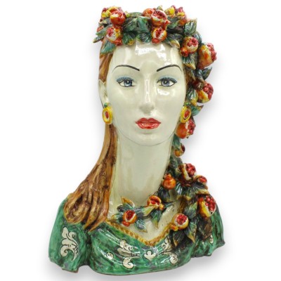 Busto de mulher com pescoço comprido, cerâmica de Caltagirone, aproximadamente 32 x 23 cm. Coroa e trança de romãs.