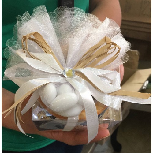 Komplettes Hochzeitsgeschenke-Paket mit Beutel mit 5 gezuckerten Mandeln und farbigen Satinbändern Ihrer Wahl (Geschenk  2