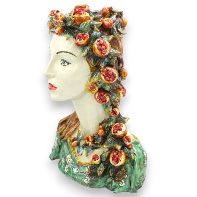 Busto de mulher com pescoço comprido, cerâmica de Caltagirone, aproximadamente 32 x 23 cm. Coroa e trança de romãs.