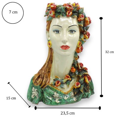 Busto de mulher com pescoço comprido, cerâmica de Caltagirone, aproximadamente 32 x 23 cm. Coroa e trança de romãs.