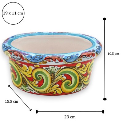 Oval vase, Caltagirone ceramic, approx. 23 x 15 x 10 cm, Baroque decoration on a red background.
