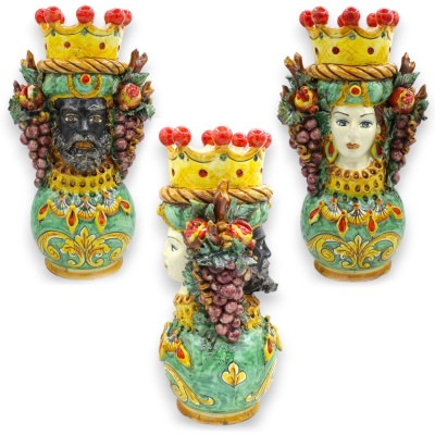 Jano de dos caras sobre una esfera, cabeza con dos rostros, aprox. 34 cm de altura, cerámica de Caltagirone, frutas variadas, ve