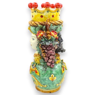 Jano de dos caras sobre una esfera, cabeza con dos rostros, aprox. 34 cm de altura, cerámica de Caltagirone, frutas variadas, ve