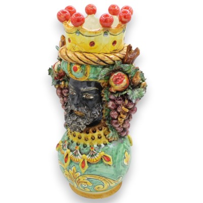 Jano de dos caras sobre una esfera, cabeza con dos rostros, aprox. 34 cm de altura, cerámica de Caltagirone, frutas variadas, ve