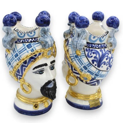 Têtes mauresques siciliennes (1 unité), environ 22 cm de haut. Céramique de Caltagirone, série ÉLITE, fond bleu, émail or pur 24