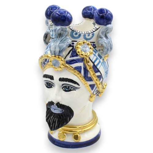 Siciliaanse Moorse hoofden (1 stuk), ca. 22 cm hoog. Keramiek van Caltagirone, ÉLITE-serie, blauwe achtergrond, 24-karaats puur