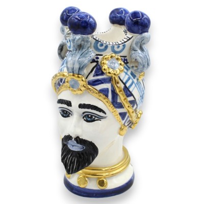Siciliaanse Moorse hoofden (1 stuk), ca. 22 cm hoog. Keramiek van Caltagirone, ÉLITE-serie, blauwe achtergrond, 24-karaats puur