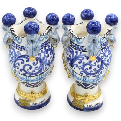 Siciliaanse Moorse hoofden (1 stuk), ca. 22 cm hoog. Keramiek van Caltagirone, ÉLITE-serie, blauwe achtergrond, 24-karaats puur
