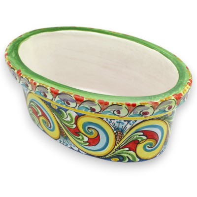 Oval vase, Caltagirone ceramic, approx. 33 x 22 x 14 cm, multi-coloured baroque decoration, green background