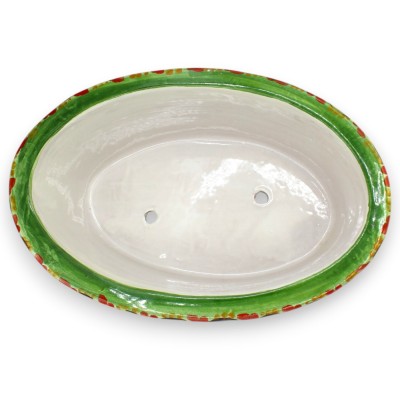 Oval vas, Caltagirone keramik, ca 33 x 22 x 14 cm, flerfärgad barockdekor, grön bakgrund