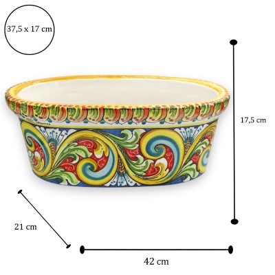 Oval vase, Caltagirone ceramic, approx. 42 x 22 x 17 cm, multi-coloured baroque decoration, blue background