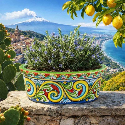 Oval vase, Caltagirone ceramic, approx. 33 x 22 x 14 cm, multi-coloured baroque decoration, green background