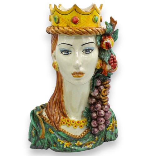 Büste einer Frau mit langem Hals, Caltagirone-Keramik, ca. 35 cm hoch. Gekrönte Königin, Applikationen von Granatäpfeln und Trau
