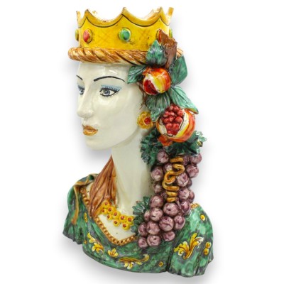 Borstbeeld van een vrouw met een lange hals, Caltagirone-keramiek, ca. 35 cm hoog. Gekroonde koningin, applicaties van granaatap