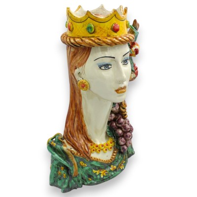 Borstbeeld van een vrouw met een lange hals, Caltagirone-keramiek, ca. 35 cm hoog. Gekroonde koningin, applicaties van granaatap