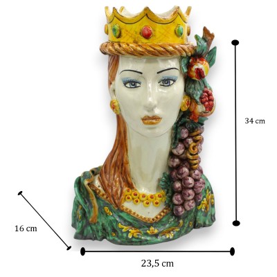 Borstbeeld van een vrouw met een lange hals, Caltagirone-keramiek, ca. 35 cm hoog. Gekroonde koningin, applicaties van granaatap