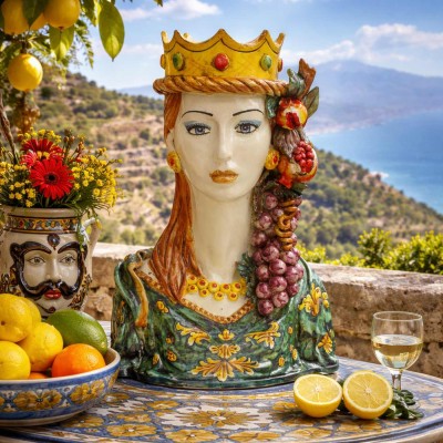 Borstbeeld van een vrouw met een lange hals, Caltagirone-keramiek, ca. 35 cm hoog. Gekroonde koningin, applicaties van granaatap