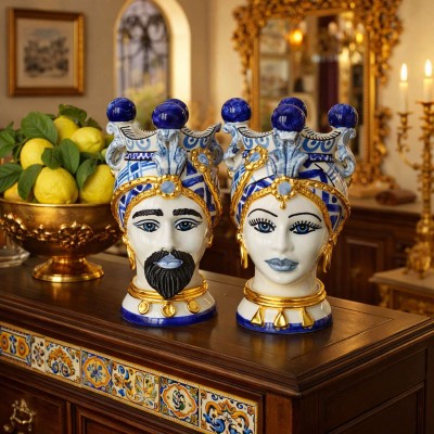 Teste di Moro Siciliane (1Unità) h 22 cm ca. ceramica Caltagirone, Serie ÉLITE Fondo Blu, smalto oro zecchino 24k MD2