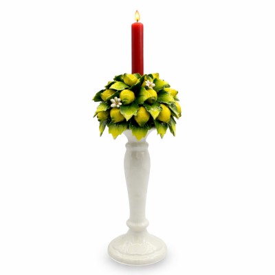 Candeliere in pregiata Ceramica, h 38 x 16 cm ca. Con applicazioni di Limoni a Grappoli, fiori di zagara e foglie.