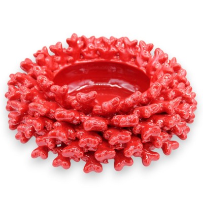 Centro de mesa em coral, aproximadamente 32 cm de diâmetro x 12 cm de altura, em cerâmica fina, design mediterrâneo.
