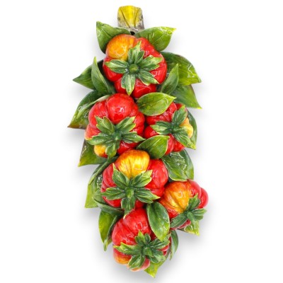 Conjunto suspenso em cerâmica fina, aproximadamente 35 x 18 cm, com composição de tomates.