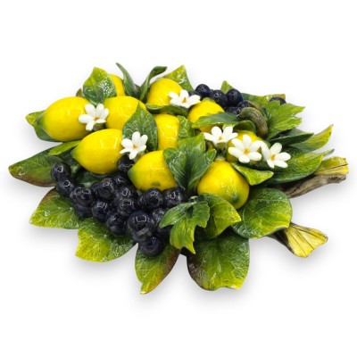 Large Hanging Bundle, Fine Ceramic, approx. 35 x 25 cm. Composition of lemons, grapes, and orange blossoms.