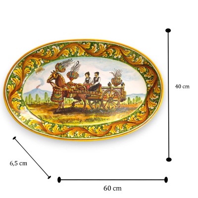Ornamentaler ovaler Teller, Caltagirone-Keramik, ca. 60 x 40 cm. Barocke Dekoration, sizilianische Wagenszene.