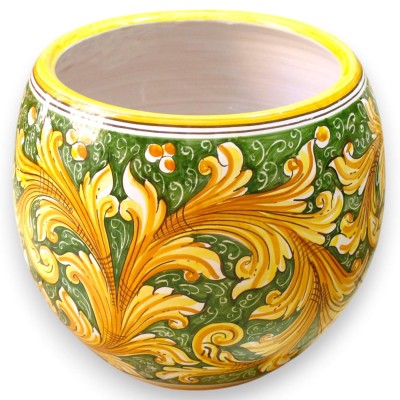 Cachepot Vaso Bocca Larga, Linea Moderna, Ceramica Caltagirone Ø 30 cm ca. Decoro Barocco su fondo verde