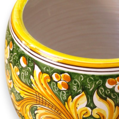 Cachepot Vaso Bocca Larga, Linea Moderna, Ceramica Caltagirone Ø 30 cm ca. Decoro Barocco su fondo verde