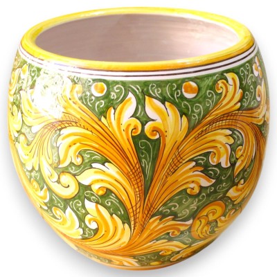 Cachepot Vaso Bocca Larga, Linea Moderna, Ceramica Caltagirone Ø 30 cm ca. Decoro Barocco su fondo verde