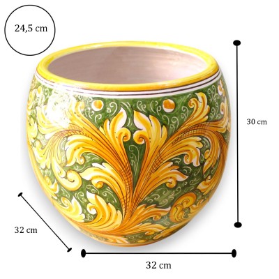 Cachepot Vaso Bocca Larga, Linea Moderna, Ceramica Caltagirone Ø 30 cm ca. Decoro Barocco su fondo verde